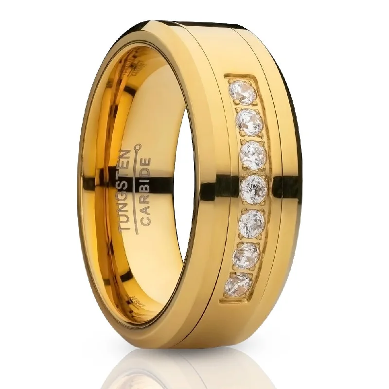 Rings inspired by rivers with flowing designs -Mens Yellow Gold Tungsten Ring 8Mm Comfort Fit Cz Inlay Wedding Band