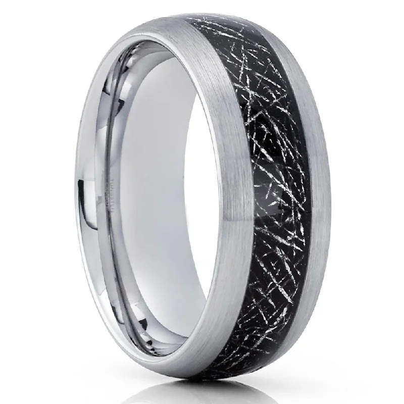 Secure rings with flush stones for safety -Meteorite Tungsten Wedding Band 8Mm Comfort Fit Cobalt Free Anniversary Ring - Silver