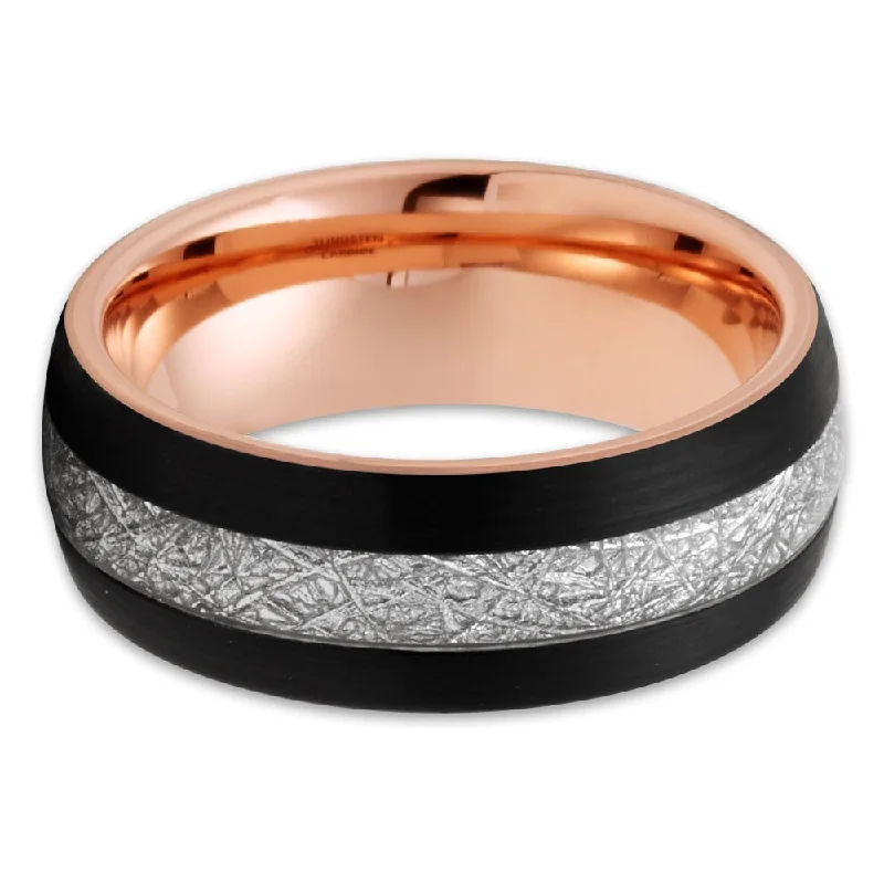 Slim rings ideal for delicate finger accents -Meteorite Tungsten Wedding Ring 8Mm Rose Gold Black Inlay Comfort Fit Size 715