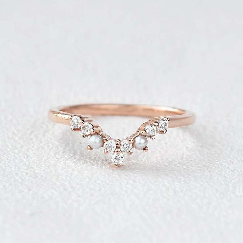 Airy rings ideal for constant finger wear -Moissanite & Pearl Curved Wedding Band