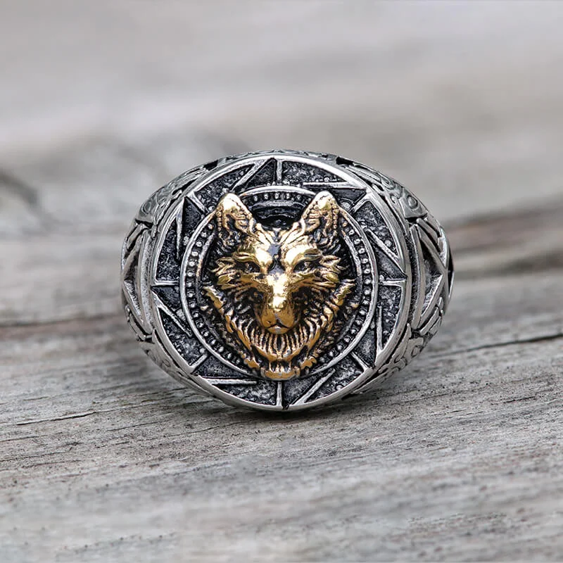 Dual-tone rings for mixing metal styles -Norse Slavic Wolf Stainless Steel Viking Ring