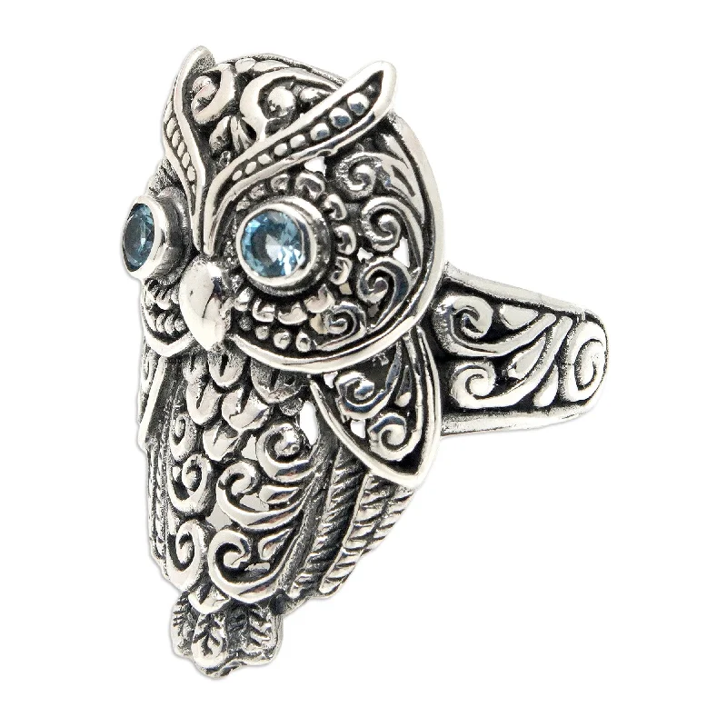 Woven rings with twisted bands for artistry -Novica Handmade Loyalty Feathers Blue Topaz Cocktail Ring