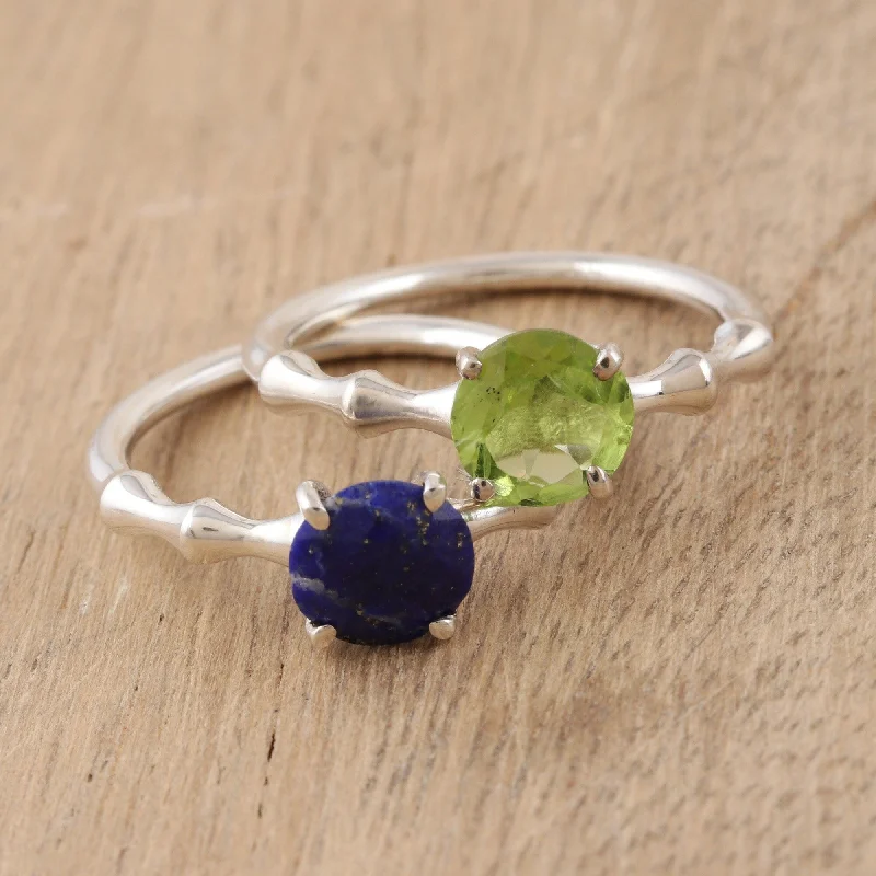 Rings perfect for love with sweet gems -Novica Handmade Luminous Alliance Lapis Lazuli And Peridot Solitaire Rings (Pair)