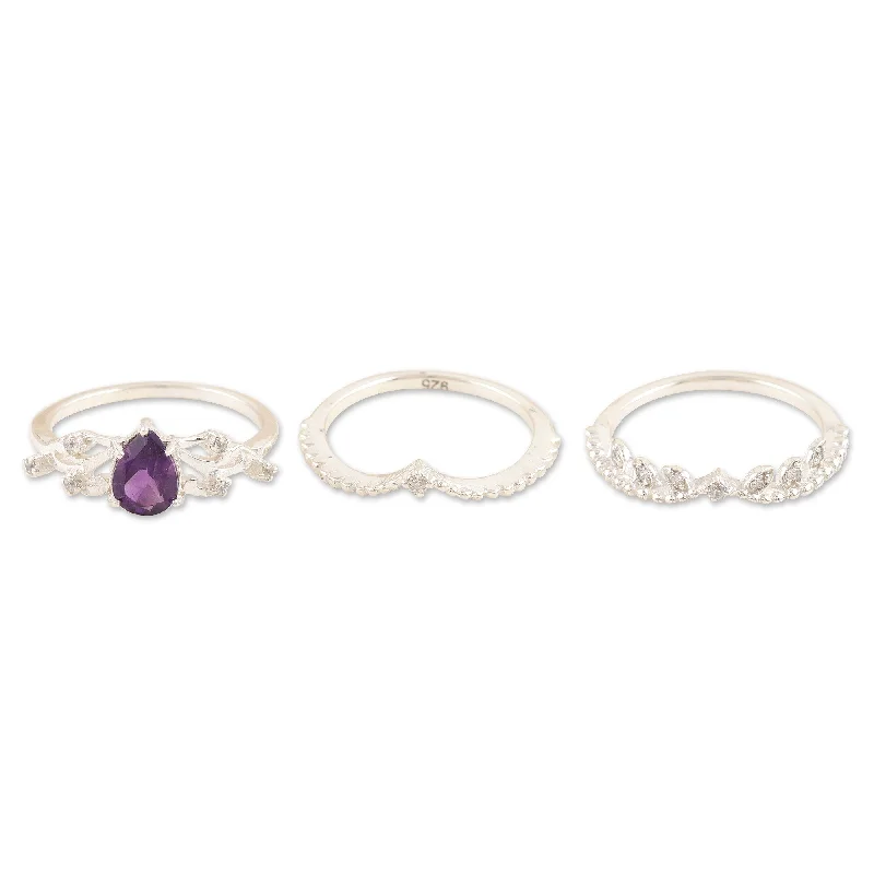 Cool rings with trendy shapes for youth -Novica Handmade Wisdom Crown Cubic Zirconia And Amethyst Stacking Rings (Set Of 3)