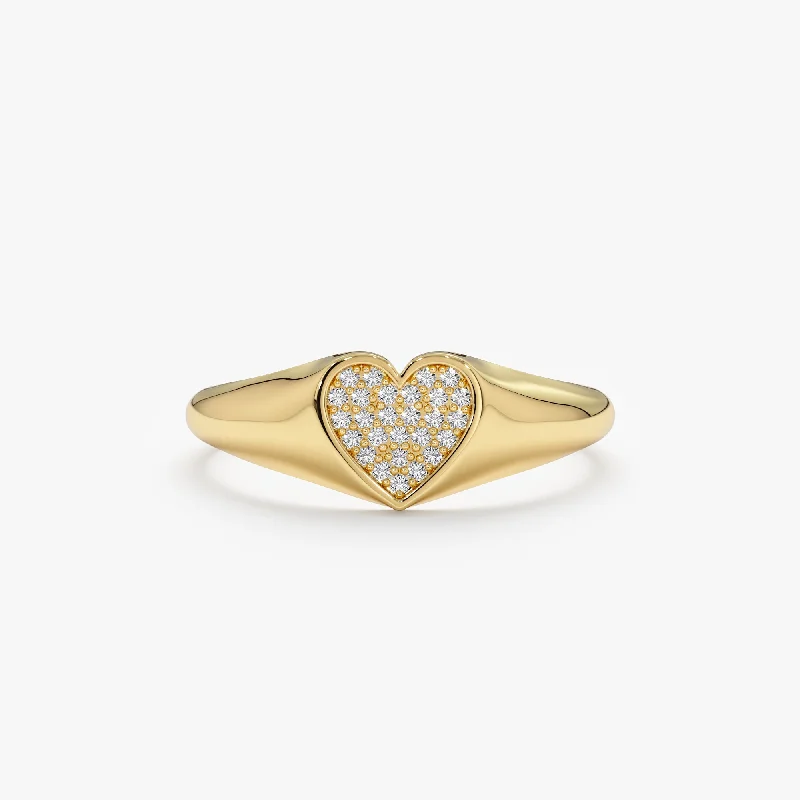 Polished rings with satin finish for chic -Pave Diamond Heart Signet Ring, Kate