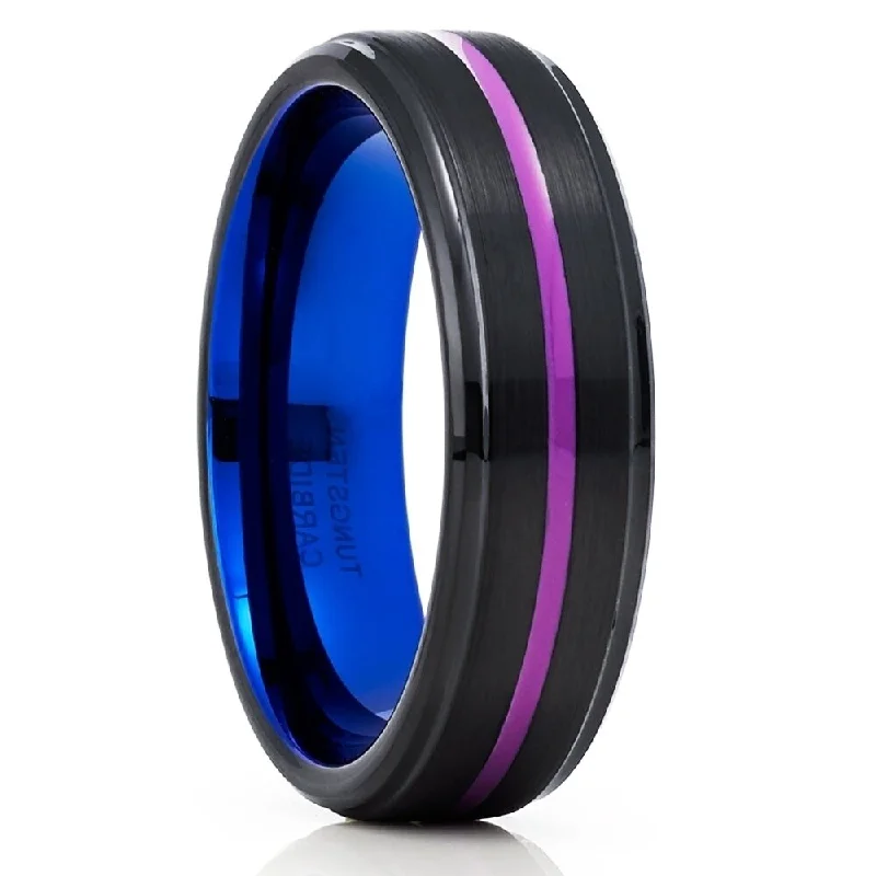 Classic rings featuring timeless designs for all ages -Purple Tungsten Engagement Ring 6Mm Comfort Fit Black Wedding Band Cobalt Free