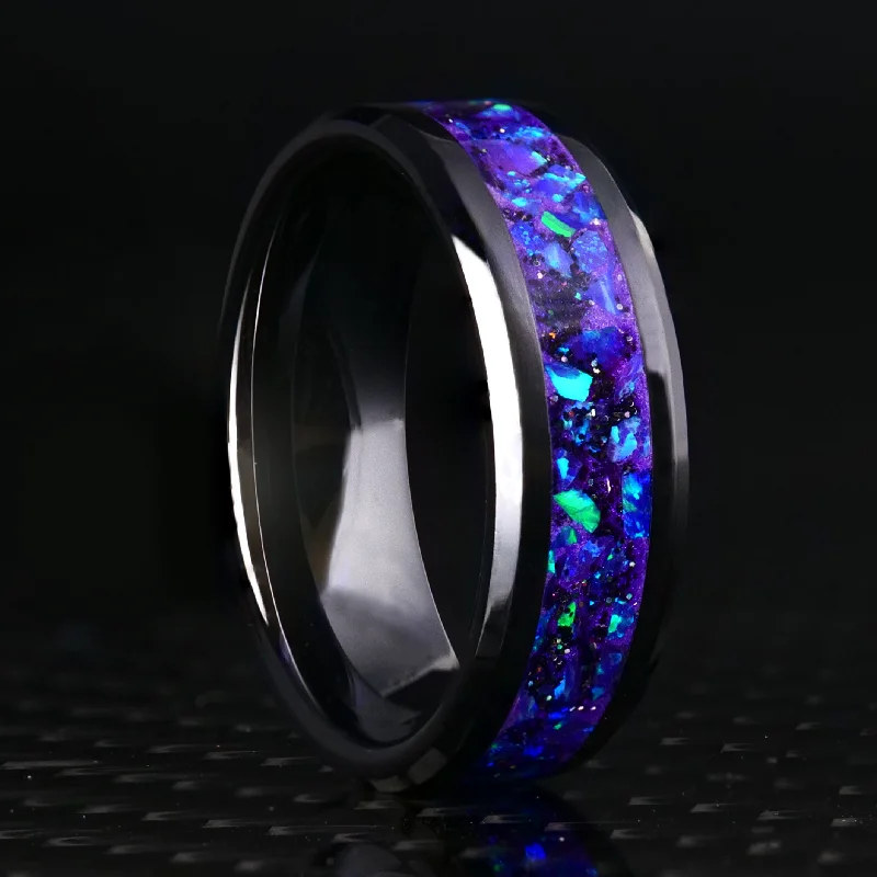 Rings with pave stones for twinkling brilliance -Radiant Lavender Opal Glowstone Ring on Black Ceramic