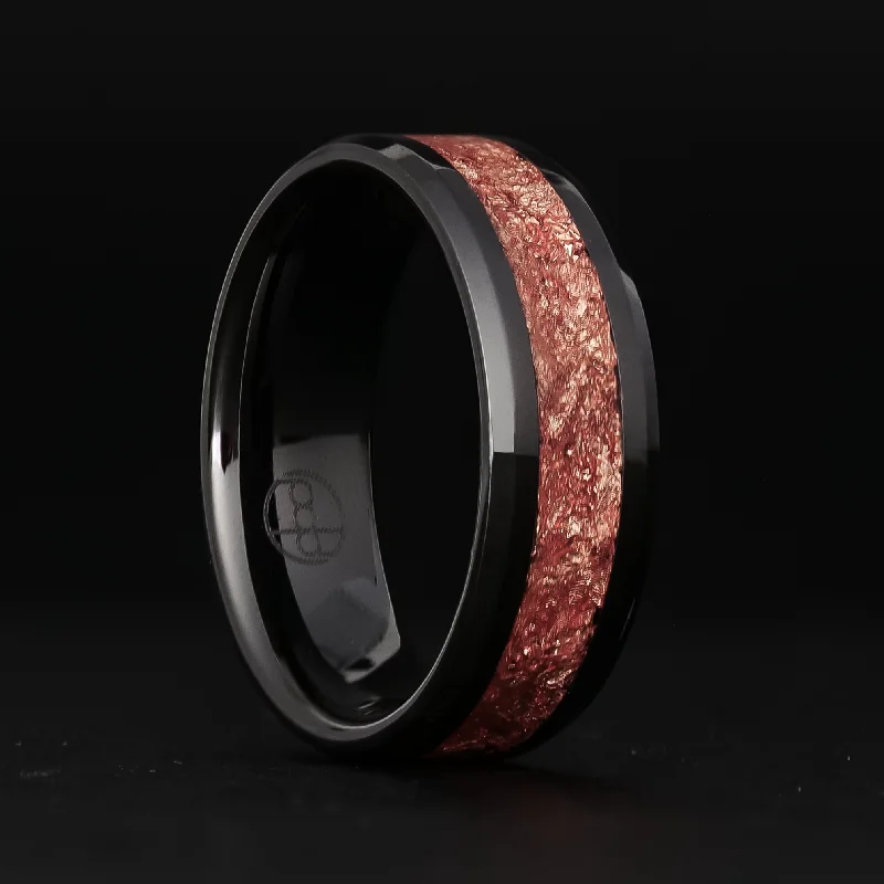 Rings inspired by night skies with sparkle -Rose Gold Leaf Ring on Black Ceramic | Full Channel