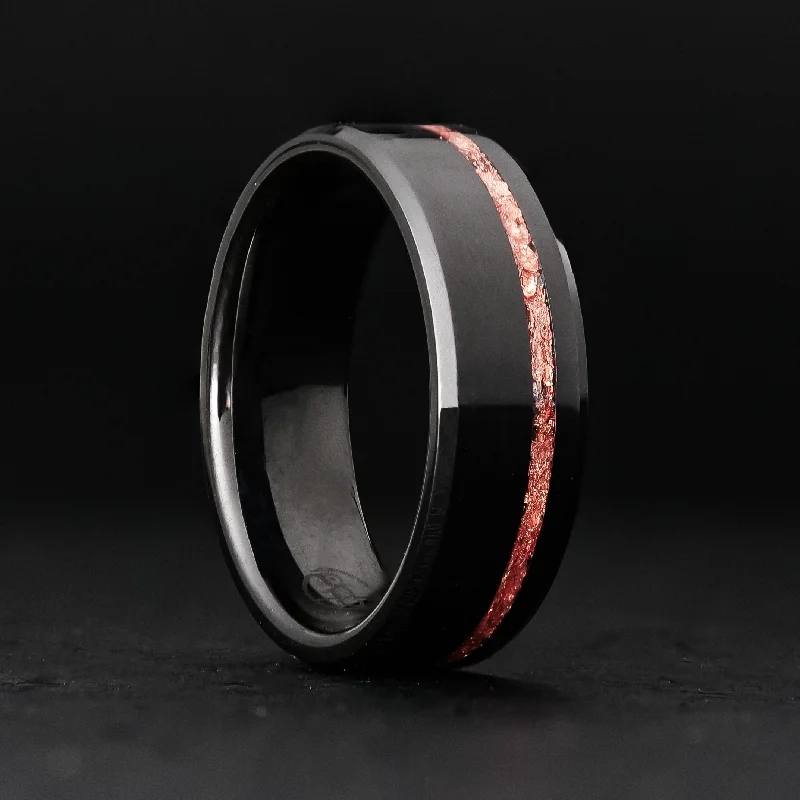 Rings with pave stones for twinkling brilliance -Rose Gold Leaf Ring on Black Ceramic | Offset Inlay