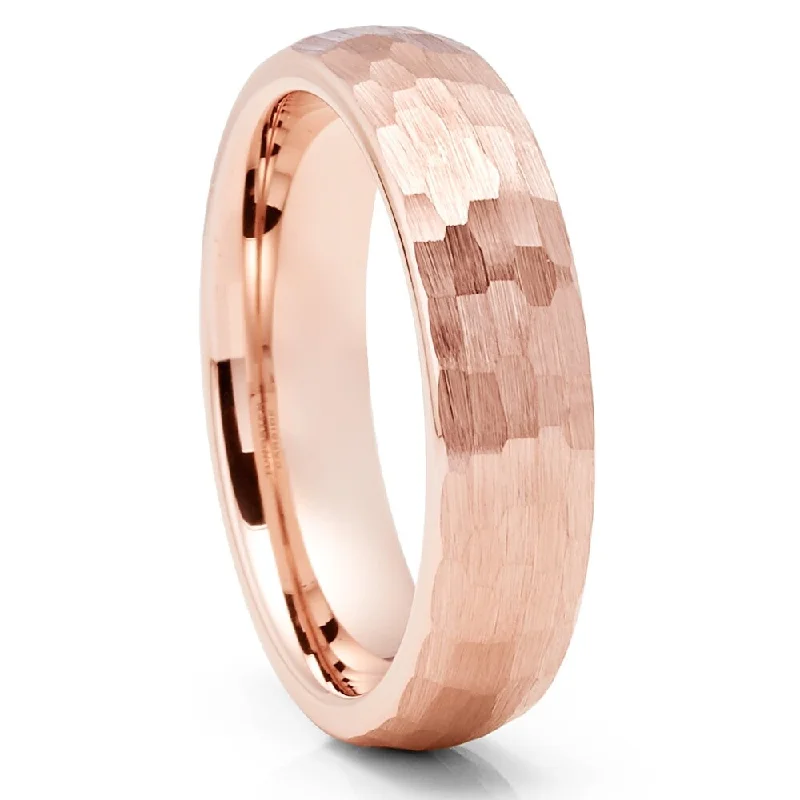 Rings featuring citrine for bright golden warmth -Rose Gold Tungsten Wedding Ring 6Mm Hammered Comfort Fit Cobalt Free