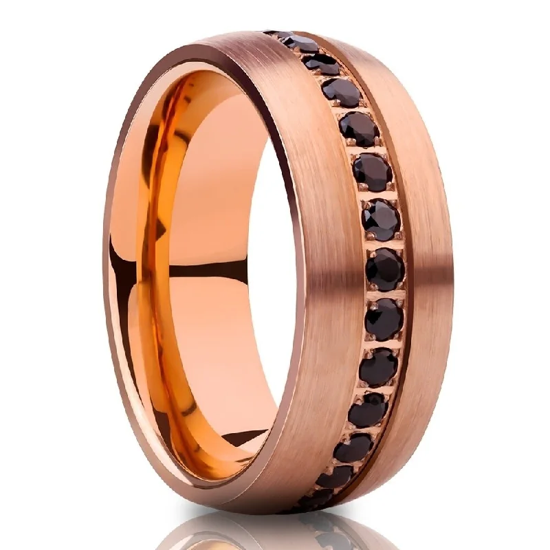 Rings featuring black onyx for sleek drama -Rose Gold Tungsten Wedding Ring 8Mm Black Cz Inlay Comfort Fit Cobalt Free