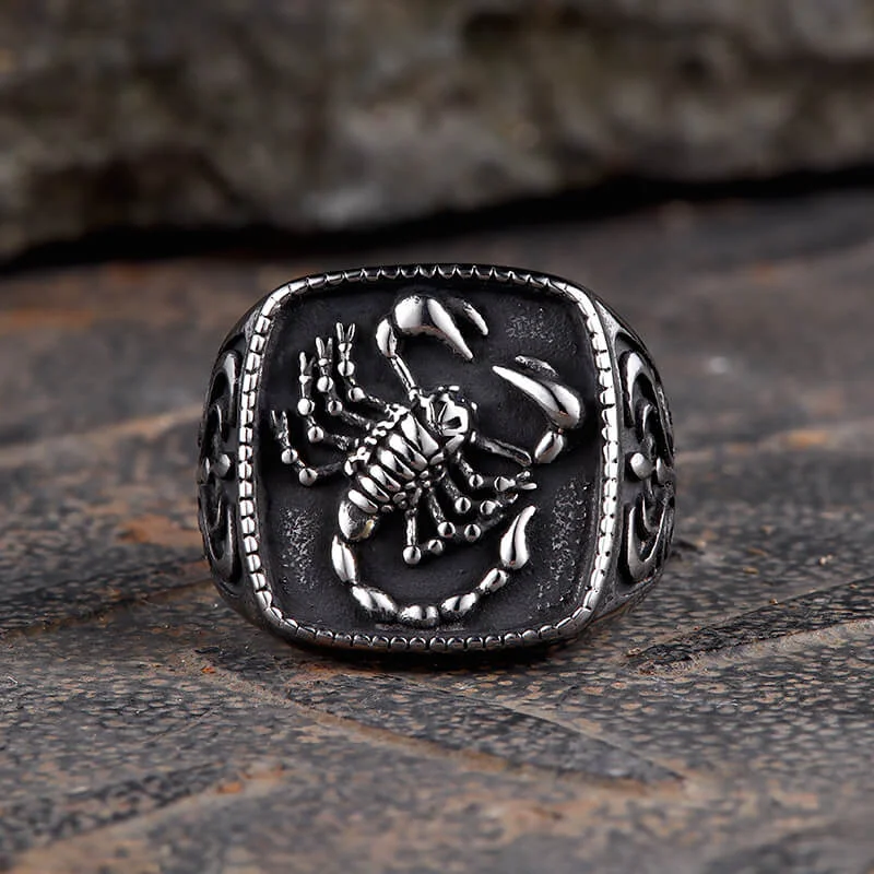 Rings made with lab stones for ethics -Scorpion Design Stainless Steel Signet Ring