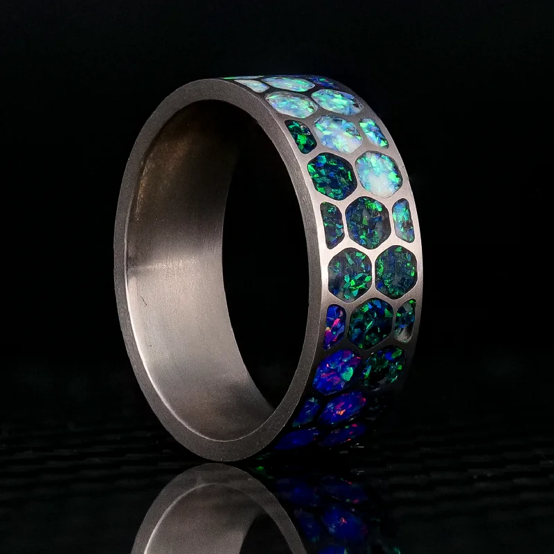 Woven rings with twisted bands for artistry -The Kaleidoscope | Opal Titanium Glowstone Ring