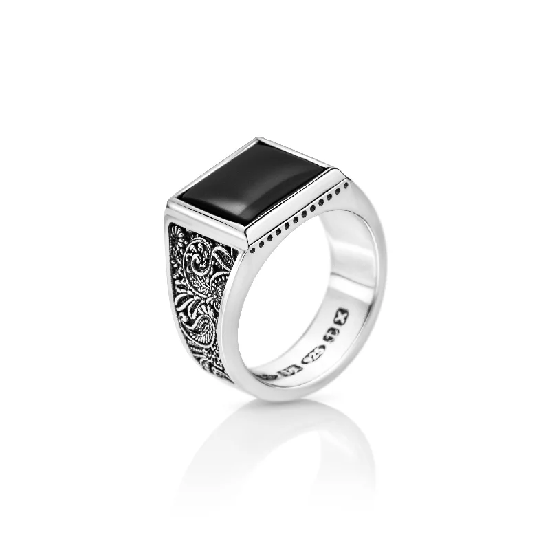 Rings featuring stretch bands for easy sizing -The Square & Onyx II