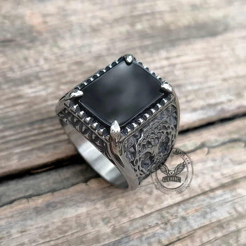 Secure rings with flush stones for safety -Tree Of Life Onyx Stainless Steel Viking Ring