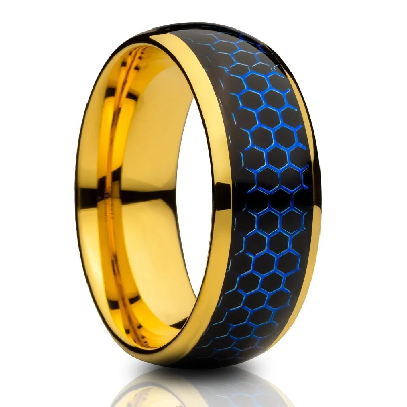 Thick rings designed for loud finger statements -Tungsten Carbide Honeycomb Wedding Ring 8Mm Yellow Gold Comfort Fit Cobalt Free