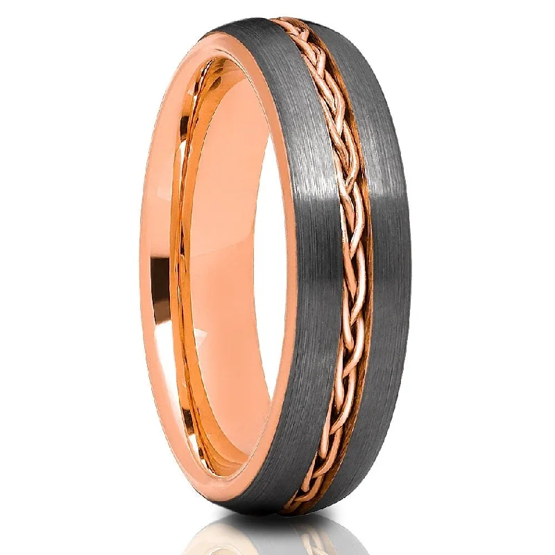 Rings made with earth-friendly gems for sustainability -Tungsten Carbide Wedding Ring 6Mm Rose Gold Braid Comfort Fit Cobalt Free