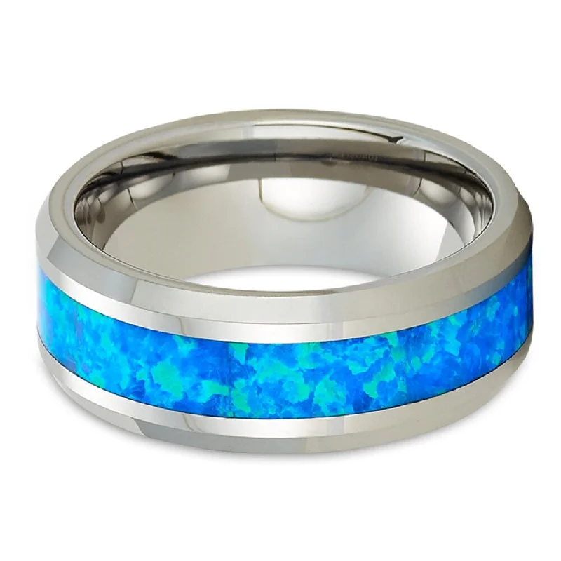 Thick rings designed for loud finger statements -Tungsten Wedding Ring 8Mm Blue Opal Inlay Comfort Fit Cobalt Free Size 715 - Silver