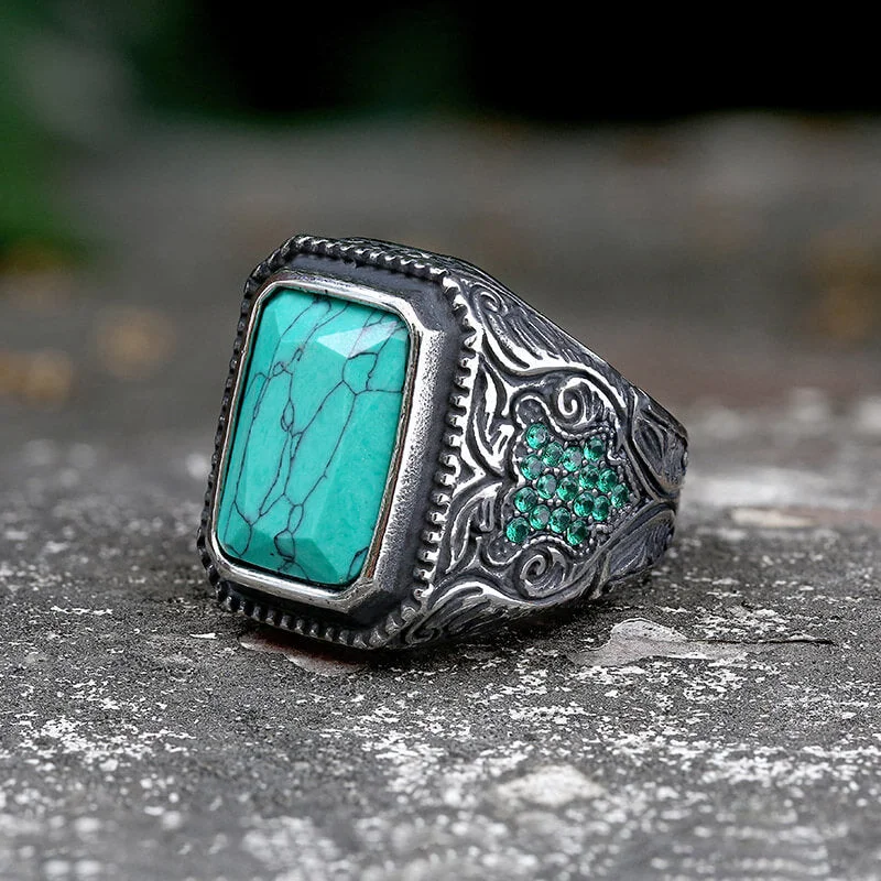 Rustic rings with hammered bands for texture -Vintage Turquoise Inlaid Stainless Steel Ring