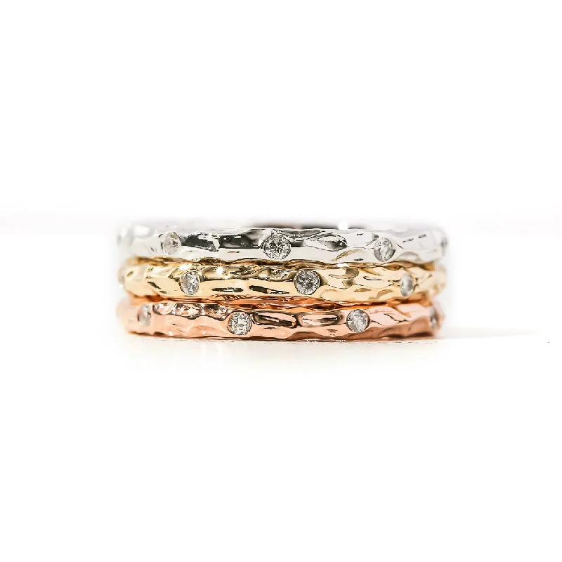 Rings featuring floral stones for gentle romance -Willow Rings - Set of 3 Textured Gold Diamond Rings