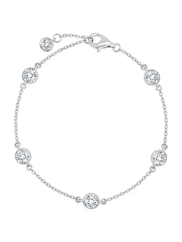 Bracelets and bangles featuring rose quartz for love -BEZEL SET STATION BRACELET FINISHED IN PURE PLATINUM EXTENDED- 4MM