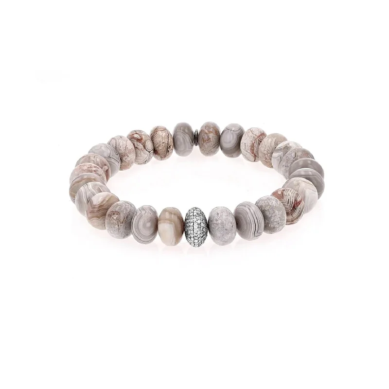 Charm bracelets and bangles with playful stone drops -Cream Agate Bead Bracelet with Diamond Donut - 10mm