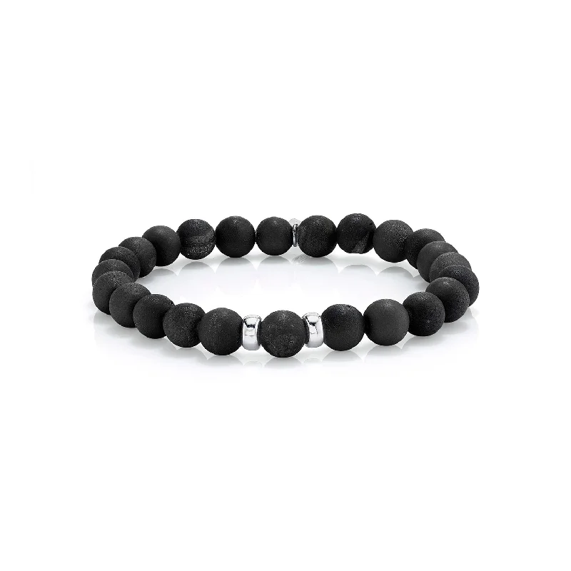 Wide bracelets and bangles with striking stone inlays -Mr. LOWE Men's Black Druzy Agate Bracelet with Two Silver Beads - 8mm