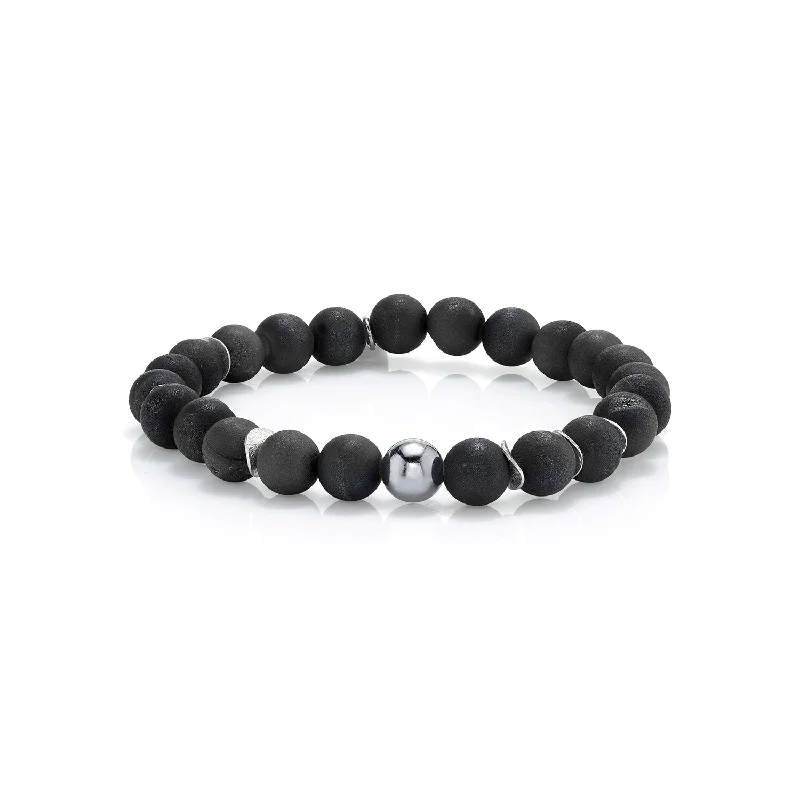 Bracelets and bangles inspired by vintage stone glam -Mr. LOWE Men's Black Druzy Agate Bracelet with Silver Bead and Discs