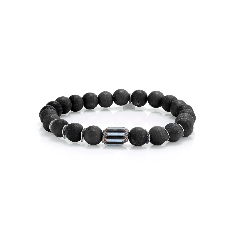 Bracelets and bangles featuring hematite for dark shine -Mr. LOWE Men's Black Druzy Agate Bracelet with African Bead and Silver Discs - 8mm