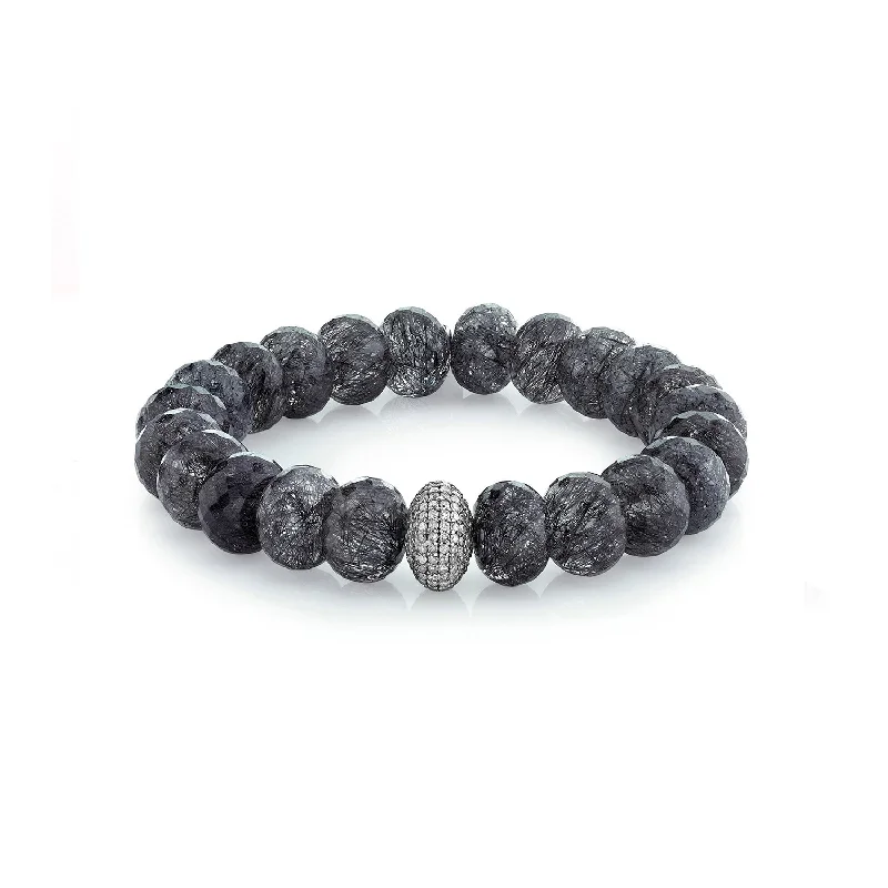 Rough bracelets and bangles with raw stone beauty -Black Tourmalinated Quartz and Diamond Donut Bracelet - 12mm