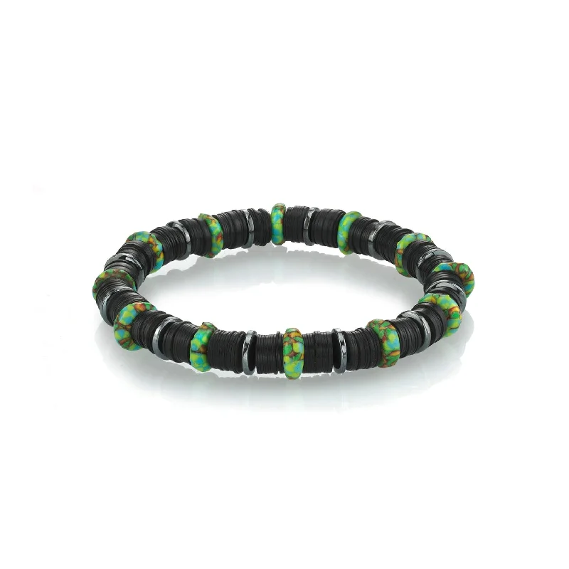 Bracelets and bangles featuring hematite for dark shine -Mr. LOWE Men's Black Vinyl and African Bead Bracelet - 8mm