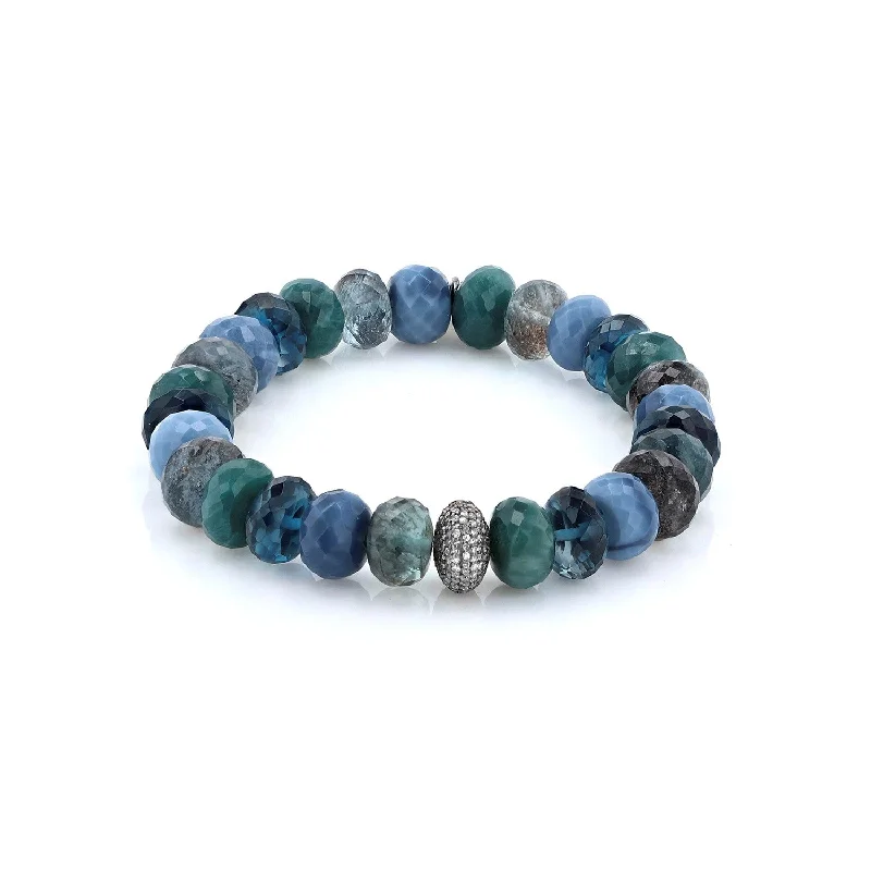 Chunky bracelets and bangles for big wrist impact -Blue Green Mix Bead Bracelet with Diamond Donut - 10mm