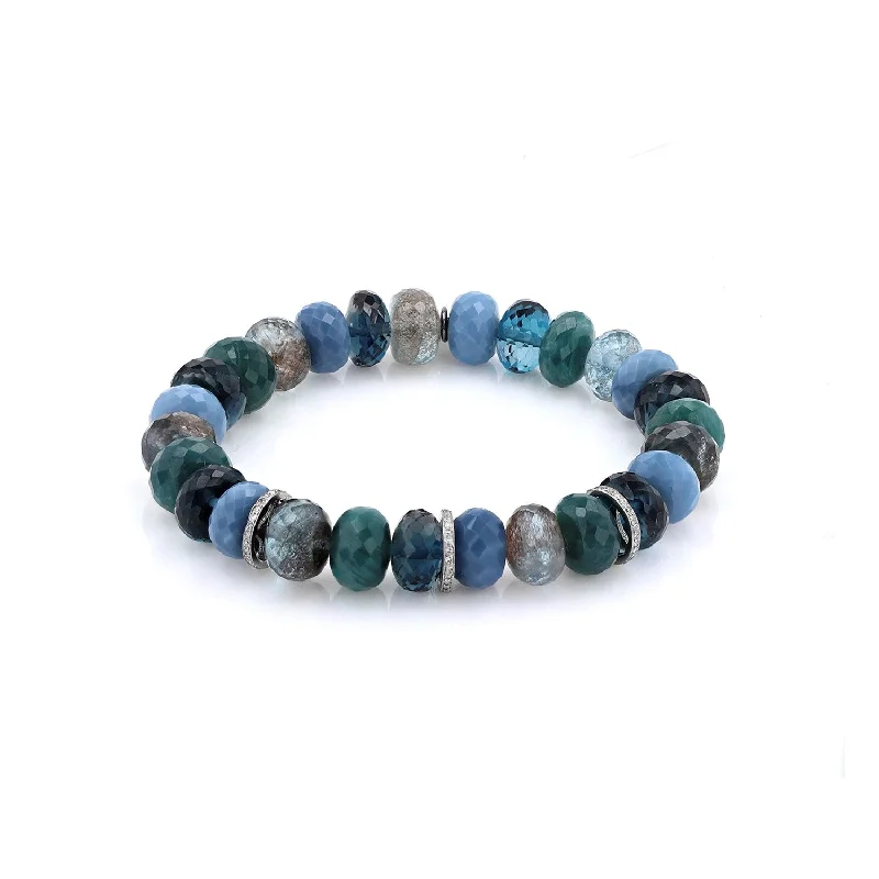 Bracelets and bangles featuring jade for green peace -Blue Green Mix bead Bracelet with 3 Diamond Rondelles - 10mm