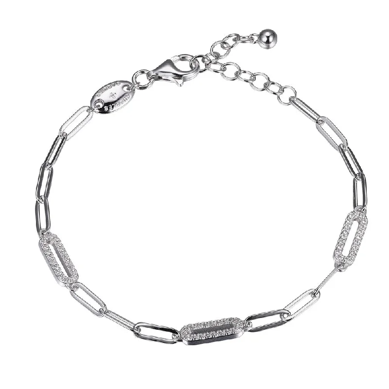 Stretch bracelets and bangles for easy wrist fit -CZ Rhodium Plated Silver Paperclip Chain Bracelet