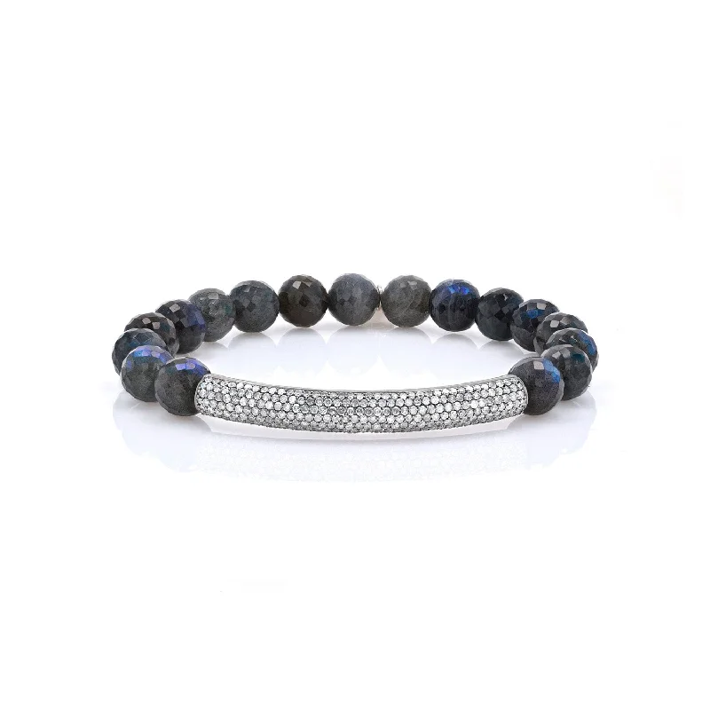 Bracelets and bangles with retro stone settings -Labradorite Faceted Bead Bracelet with Diamond Bar - 8mm