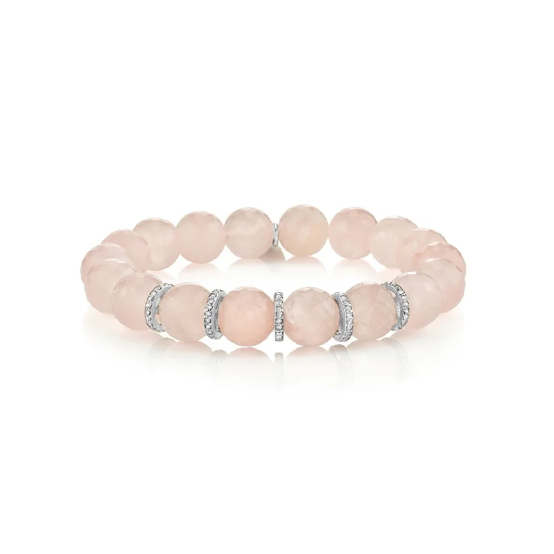 Cool bracelets and bangles with trendy stone shapes -Faceted Rose Quartz Bracelet with Five Diamond Rondelles - 10mm