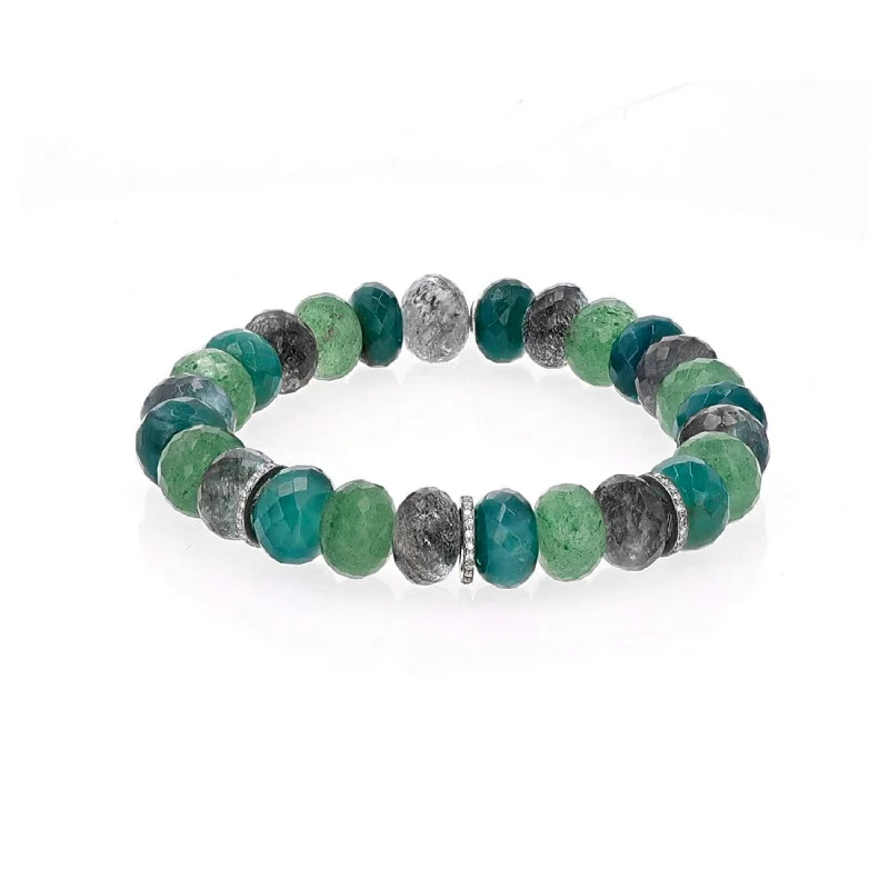 Bracelets and bangles featuring emerald for green luxe -Green Aqua Smokey Mix Faceted Bead Bracelet with 3 Diamond Rondelles - 10mm