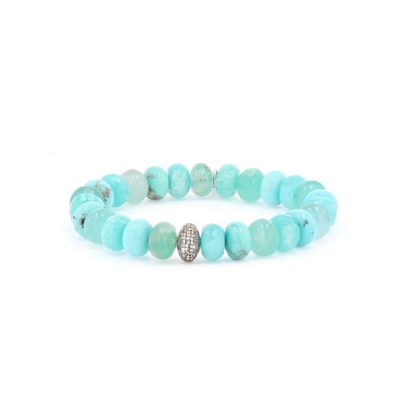 Bracelets and bangles perfect for occasions with shine -Blue Green Gemstone Beaded Bracelet with Pave Diamond Donut - 10mm