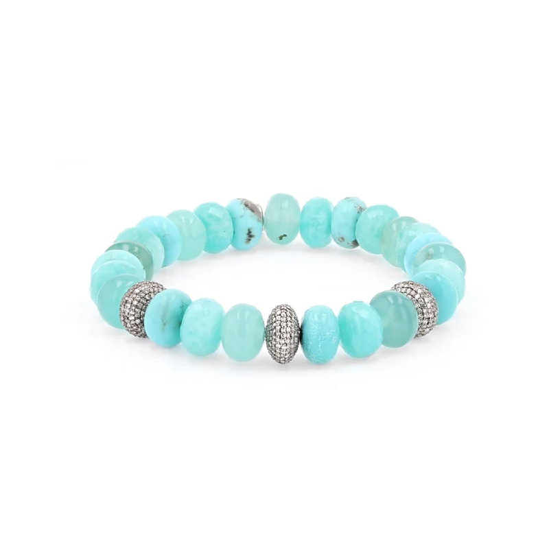 Sleek bracelets and bangles with floating stone settings -Blue Green Gemstone Beaded Bracelet with 3 Pave Diamond Donuts - 10mm