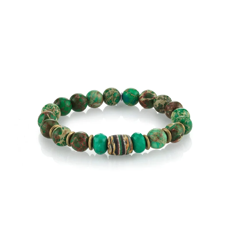 Bracelets and bangles featuring labradorite for mystic hues -Mr. LOWE Men's Jasper Green Mix Bracelet with African Bead & Metal Disks - 10mm