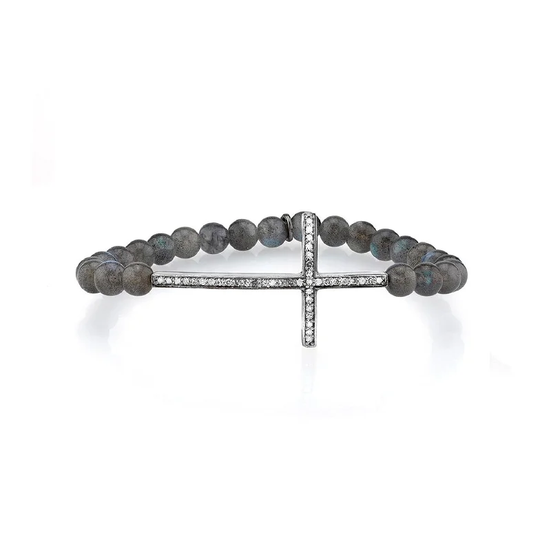 Bracelets and bangles featuring garnet for rich red -Labradorite Bead Bracelet with Diamond Cross - 6mm