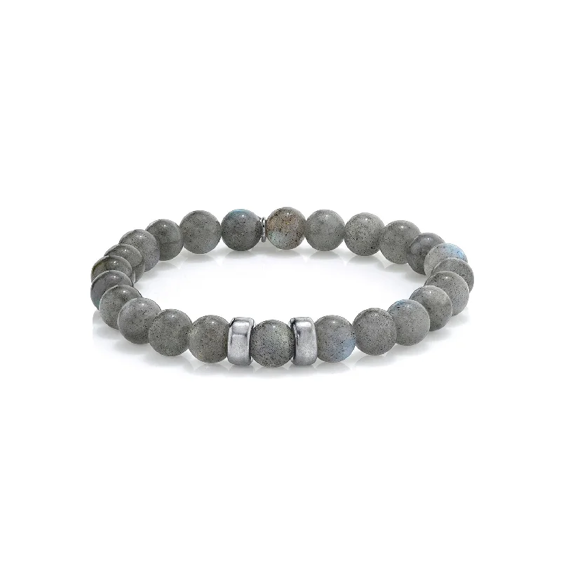 Sleek bracelets and bangles with floating stone settings -Mr. LOWE Men's Labradorite Bracelet with Silver Beads - 8mm