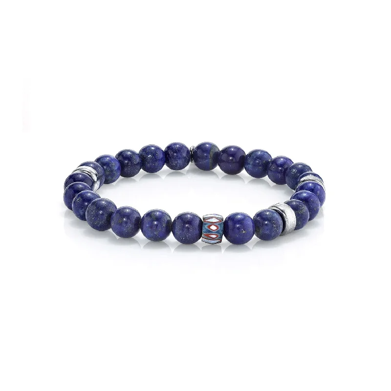 Free-spirit bracelets and bangles with earthy gems -Mr. LOWE Men's Lapis & Silver Bracelet with African Bead - 8mm