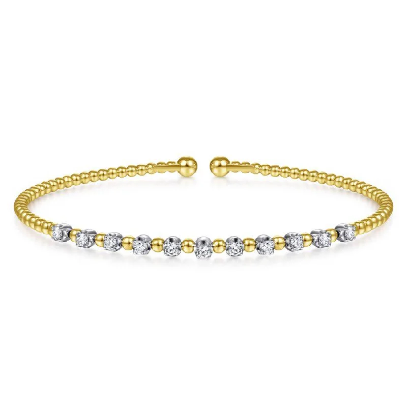 Gem-packed bracelets and bangles for colorful dazzle -14K Yellow Gold Bujukan Bead Split Cuff Bracelet with Round White Gold Diamond Stations