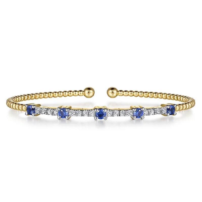 Bracelets and bangles featuring morganite for pink softness -14K Yellow Gold Bujukan Diamond and Blue Sapphire Cuff Bracelet