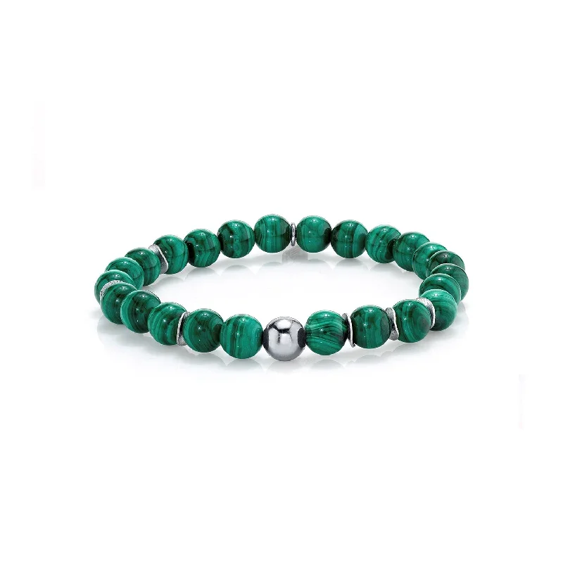 Bracelets and bangles featuring jade for green peace -Mr. LOWE Men's Malachite Bracelet with Silver Beads - 8mm