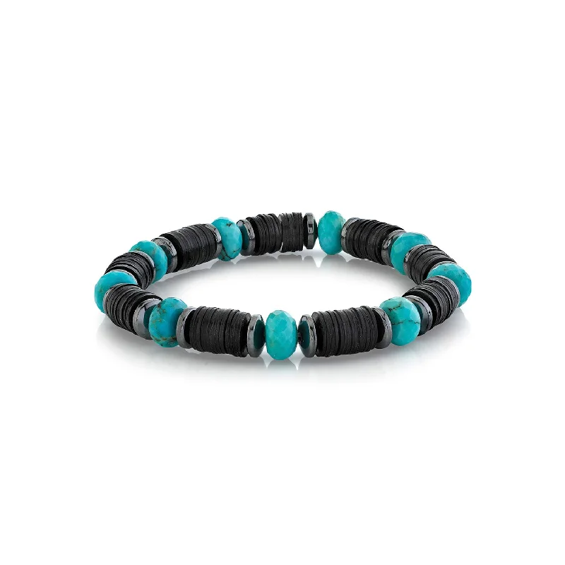 Party bracelets and bangles with dazzling stone designs -Mr. LOWE Men's Black Vinyl Bracelet with Hematite and Turquoise Beads - 10mm