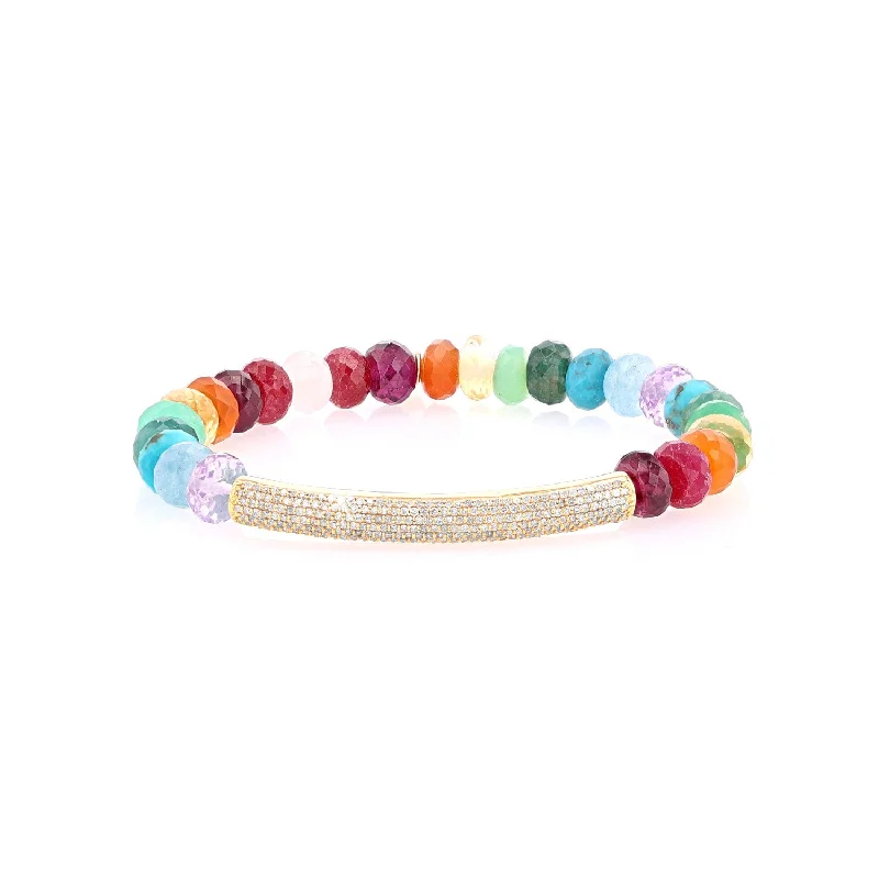 Wrapped bracelets and bangles with wire stone flair -Rainbow Gemstone Mix Faceted Bracelet with 14K Gold Pave Diamond Bar - 8mm