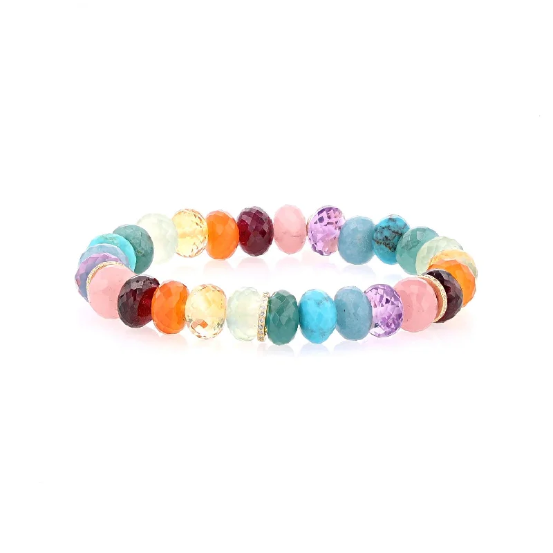 Open bracelets and bangles with breezy stone designs -Rainbow Gemstone Mix Faceted Bracelet with 14K Pave Diamond Rondelles - 10mm