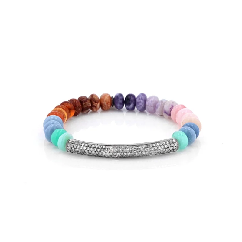 Thick bracelets and bangles for loud wrist style -Rainbow Opal Candy Bead Bracelet with Pave Diamond Tube - 8mm